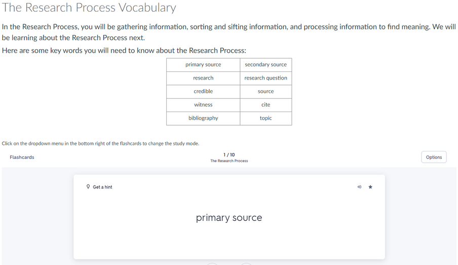 Screenshot of "The Research Process Vocabulary" page in a Canvas module